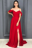 A Line Red Chiffon Prom Dresses Long Sexy Split Evening Party Gowns For Women HZ0509