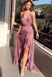 A Line Cross Back Prom Dresses Long Sexy V-neck Split Evening Party Gowns For Women HZ0509