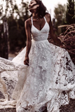 Sexy Beach Ivory Lace Wedding Dresses With Slit Backless Boho Bridal Dresses HZ0509