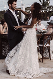 Sexy Beach Ivory Lace Wedding Dresses With Slit Backless Boho Bridal Dresses HZ0509