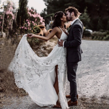 Sexy Beach Ivory Lace Wedding Dresses With Slit Backless Boho Bridal Dresses HZ0509