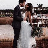 Sexy Beach Ivory Lace Wedding Dresses With Slit Backless Boho Bridal Dresses HZ0509