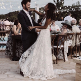 Sexy Beach Ivory Lace Wedding Dresses With Slit Backless Boho Bridal Dresses HZ0509