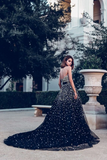 A line Black Sweetheart Beaded Long Prom Dresses Tulle Evening Dress HZ0509