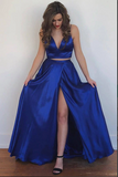 Cute Two Piece Floor Length Royal Blue Prom Dresses With Front Split HZ0509