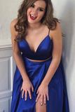 Cute Two Piece Floor Length Royal Blue Prom Dresses With Front Split HZ0509
