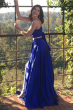 Cute Two Piece Floor Length Royal Blue Prom Dresses With Front Split HZ0509