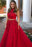 Delicate Halter Beaded Satin 2 Pieces A line Prom dresses With Appliques HZ0509