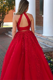 Delicate Halter Beaded Satin 2 Pieces A line Prom dresses With Appliques HZ0509