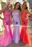 Tulle Mermaid Spaghetti Straps Backless Prom Dress With Lace Appliques HZ0509