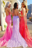 Tulle Mermaid Spaghetti Straps Backless Prom Dress With Lace Appliques HZ0509