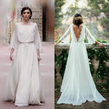 Ivory Lace 3/4 Long Sleeve Backless Summer Chiffon Plus Size Beach Wedding Dresses HZ0509