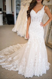 Fabulous Open Back Lace Mermaid V neck Long Wedding Dresses Bridal Gowns HZ0509