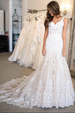 Fabulous Open Back Lace Mermaid V neck Long Wedding Dresses Bridal Gowns HZ0509