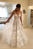 Fabulous Tulle A line V neck Floor Length Lace Wedding Dresses With Appliques HZ0509
