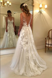 Fabulous Tulle A line V neck Floor Length Lace Wedding Dresses With Appliques HZ0509