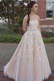 Princess A line Strapless Tulle Long Prom Dress with Lace Appliques Wedding Dress HZ0509