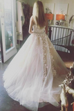 Princess A line Strapless Tulle Long Prom Dress with Lace Appliques Wedding Dress HZ0509