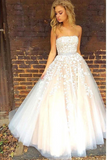 Princess A line Strapless Tulle Long Prom Dress with Lace Appliques Wedding Dress HZ0509