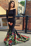 A Line Off the Shoulder Two Piece Long Sleeve Satin Floral Scoop Long Prom Dresses HZ0509
