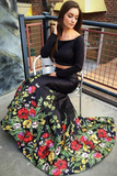 A Line Off the Shoulder Two Piece Long Sleeve Satin Floral Scoop Long Prom Dresses HZ0509