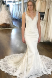 Mermaid Deep V Neck Chapel Train Satin Appliqued Wedding Dresses HZ0509