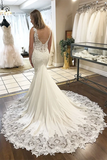 Mermaid Deep V Neck Chapel Train Satin Appliqued Wedding Dresses HZ0509