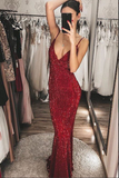 Burgundy Mermaid V Neck Backless Sequins Prom Dresses Evening Dress HZ0509