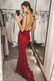 Burgundy Mermaid V Neck Backless Sequins Prom Dresses Evening Dress HZ0509