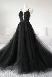 Black Lace Tulle Long Prom Gown Black Evening Dress HZ0509