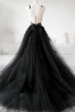 Black Lace Tulle Long Prom Gown Black Evening Dress HZ0509
