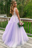 Lilac A line V neck Evening Dress, Long Prom Dresses With Appliques HZ0509