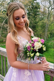 Lilac A line V neck Evening Dress, Long Prom Dresses With Appliques HZ0509
