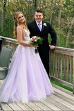 Lilac A line V neck Evening Dress, Long Prom Dresses With Appliques HZ0509