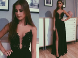 Deep V Neck Black Lace Long Prom Dress with Slit, Black Lace Formal Dress, Black Evening Dress HZ0509