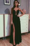 Deep V Neck Black Lace Long Prom Dress with Slit, Black Lace Formal Dress, Black Evening Dress HZ0509