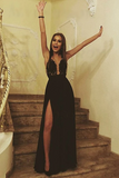 Deep V Neck Black Lace Long Prom Dress with Slit, Black Lace Formal Dress, Black Evening Dress HZ0509