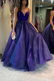 Shiny V Neck Spaghetti Straps Long Prom Dresses, Bling Bling A Line Formal Evening Dresses HZ0509