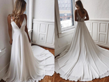 White Chiffon A-line V-neck Lace Spaghetti Straps Sweep Train Wedding Dress HZ0509