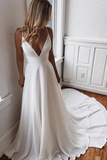 White Chiffon A-line V-neck Lace Spaghetti Straps Sweep Train Wedding Dress HZ0509