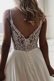 White Chiffon A-line V-neck Lace Spaghetti Straps Sweep Train Wedding Dress HZ0509
