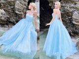 Shiny Sky Blue Spaghetti Straps Prom Dresses, Criss Cross Back A Line Formal Evening Dresses HZ0509