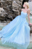 Shiny Sky Blue Spaghetti Straps Prom Dresses, Criss Cross Back A Line Formal Evening Dresses HZ0509