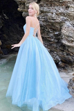 Shiny Sky Blue Spaghetti Straps Prom Dresses, Criss Cross Back A Line Formal Evening Dresses HZ0509