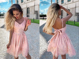 Blush Pink Lace A line V neck Spaghetti Straps Homecoming Dresses HZ0509