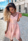 Blush Pink Lace A line V neck Spaghetti Straps Homecoming Dresses HZ0509