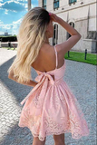 Blush Pink Lace A line V neck Spaghetti Straps Homecoming Dresses HZ0509