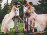 Sheer Round Neck Pink Wedding Dresses Backless Bridal Gown With Lace Appliques HZ0509