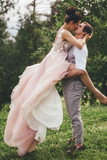Sheer Round Neck Pink Wedding Dresses Backless Bridal Gown With Lace Appliques HZ0509
