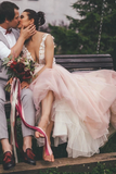 Sheer Round Neck Pink Wedding Dresses Backless Bridal Gown With Lace Appliques HZ0509